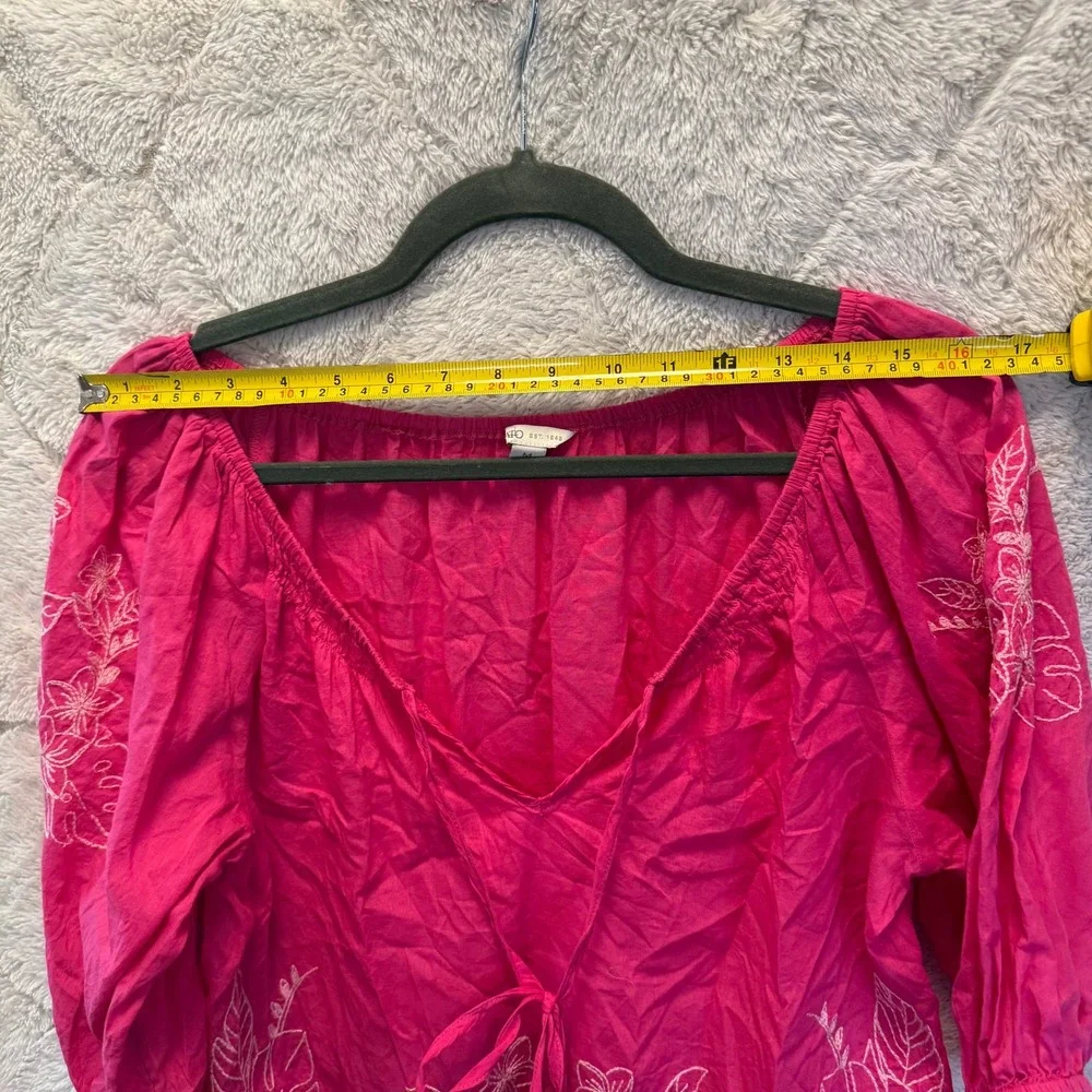 Hot Pink Embroidered Peasant Top Monstera Floral Tassel Puff Sleeve Blouse M - Picture 6 of 10